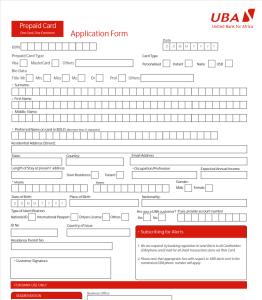 UBA Prepaid Card request form