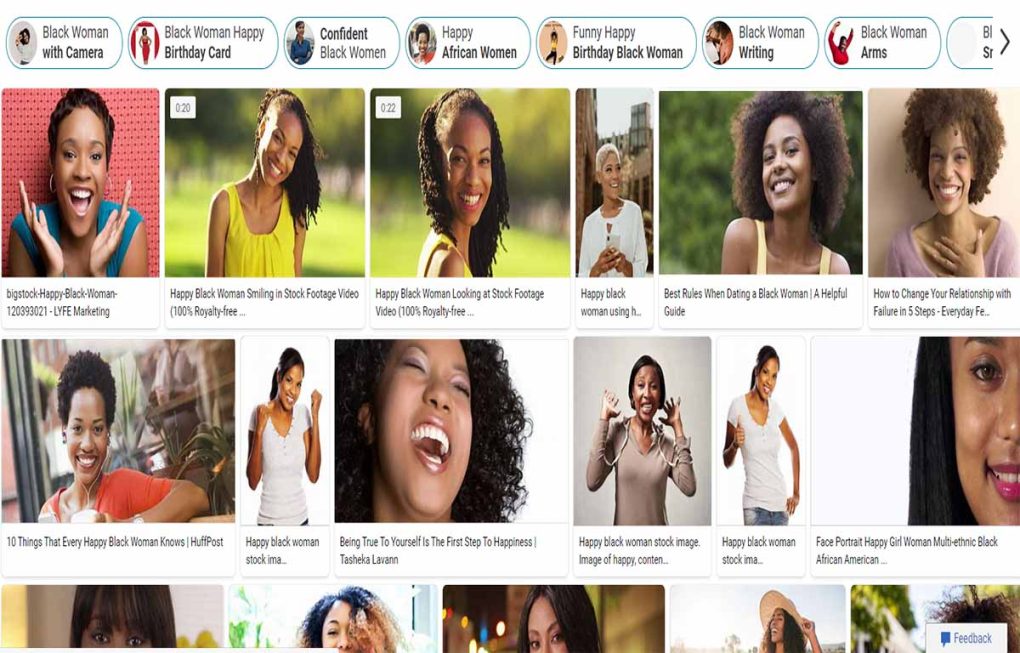 Bing search displays only black women for "happy black women" search