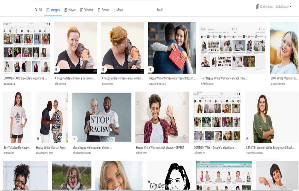 Black women mixed with white women on searching for "happy white women" on Google
