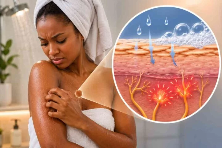 A black woman experiencing skin itching after bathing