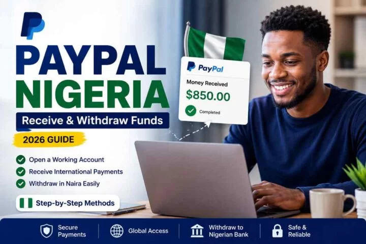 Nigerian freelancer using PayPal on a laptop to receive and withdraw international payments in Nigeria