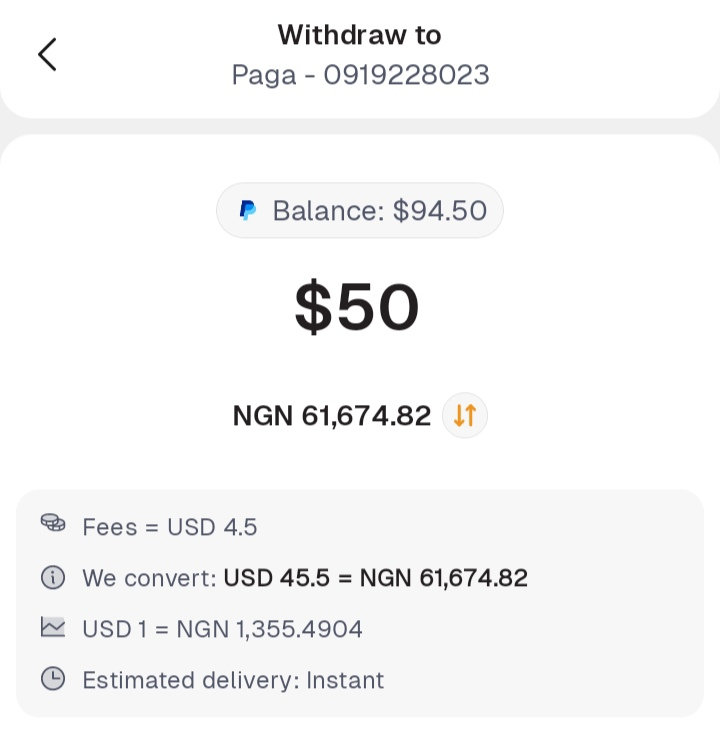 PayPal withdrawal to Paga
